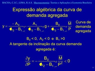 BACHA, C.J.C.; LIMA, R.A.S. Macroeconomia: Teorias e Aplicações à Economia Brasileira


         Expressão algébrica da curva de
               demanda agregada
          A0                A1                    B0          M      Curva de
y                                       g                            demanda
       A 2 B1            A2      B1            A2      B1     P      agregada

                 B0 < 0, A2 < 0 e B1 >0
       A tangente da inclinação da curva demanda
                       agregada é:

                       y               B0           M
                                                      2
                                                              0
                       P           A2       B1      P
                                                                                        77
 
