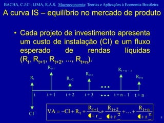 BACHA, C.J.C.; LIMA, R.A.S. Macroeconomia: Teorias e Aplicações à Economia Brasileira

A curva IS – equilíbrio no mercado de produto

     • Cada projeto de investimento apresenta
       um custo de instalação (CI) e um fluxo
       esperado         de       rendas líquidas
       (Rt, Rt+1, Rt+2, ..., Rt+n).
                        Rt+1                                  Rt + n –   1
                                             Rt+3
              Rt                  Rt+2                                       Rt+n


                t      t+1        t+2       t+3             t+n–1            t+n

                                              Rt 1      Rt 2                  Rt n
             CI        VA        CI R t                            
                                              1 r       1 r2                  1 rn      8
 