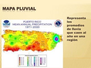 MAPA PLUVIAL
Representa
los
promedios
de lluvia
que caen al
año en una
región.
 