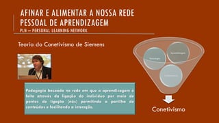 Teoria do Conetivismo de Siemens
Pedagogia baseada na rede em que a aprendizagem é
feita através da ligação do individuo por meio de
pontos de ligação (nós) permitindo a partilha de
conteúdos e facilitando a interação.
Conetivismo
Conhecimento
Tecnologia
Aprendizagem
AFINAR E ALIMENTAR A NOSSA REDE
PESSOAL DE APRENDIZAGEM
PLN – PERSONAL LEARNING NETWORK
 