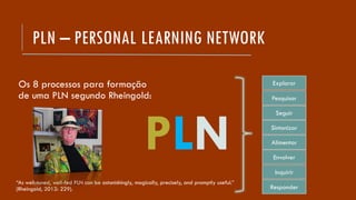 PLN – PERSONAL LEARNING NETWORK
“As well-tuned, well-fed PLN can be astonishingly, magically, precisely, and promptly useful.”
(Rheingold, 2012: 229).
Explorar
Pesquisar
Inquirir
Seguir
Envolver
Responder
Sintonizar
Alimentar
PLN
Os 8 processos para formação
de uma PLN segundo Rheingold:
 
