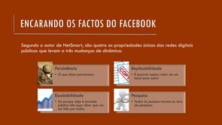ENCARANDO OS FACTOS DO FACEBOOK
Segundo o autor de NetSmart, são quatro as propriedades únicas das redes digitais
públicas que levam a três mudanças de dinâmica:
Persistência
• O que dizes permanece.
Replicabilidade
• É possível copiar/colar de um
local para outro.
Escalabilidade
• Só porque algo é tornado
público não quer dizer que vai
ser lido por todos.
Pesquisa
• Todas as pessoas tornam-se alvo
de pesquisa.
 