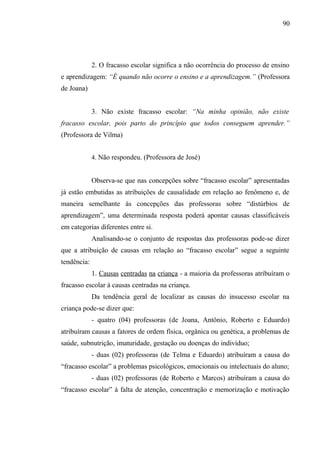 90




             2. O fracasso escolar significa a não ocorrência do processo de ensino
e aprendizagem: “É quando não ocorre o ensino e a aprendizagem.” (Professora
de Joana)


             3. Não existe fracasso escolar: “Na minha opinião, não existe
fracasso escolar, pois parto do princípio que todos conseguem aprender.”
(Professora de Vilma)


             4. Não respondeu. (Professora de José)


             Observa-se que nas concepções sobre “fracasso escolar” apresentadas
já estão embutidas as atribuições de causalidade em relação ao fenômeno e, de
maneira semelhante às concepções das professoras sobre “distúrbios de
aprendizagem”, uma determinada resposta poderá apontar causas classificáveis
em categorias diferentes entre si.
             Analisando-se o conjunto de respostas das professoras pode-se dizer
que a atribuição de causas em relação ao “fracasso escolar” segue a seguinte
tendência:
             1. Causas centradas na criança - a maioria da professoras atribuíram o
fracasso escolar à causas centradas na criança.
             Da tendência geral de localizar as causas do insucesso escolar na
criança pode-se dizer que:
             - quatro (04) professoras (de Joana, Antônio, Roberto e Eduardo)
atribuíram causas a fatores de ordem física, orgânica ou genética, a problemas de
saúde, subnutrição, imaturidade, gestação ou doenças do indivíduo;
             - duas (02) professoras (de Telma e Eduardo) atribuíram a causa do
“fracasso escolar” a problemas psicológicos, emocionais ou intelectuais do aluno;
             - duas (02) professoras (de Roberto e Marcos) atribuíram a causa do
“fracasso escolar” à falta de atenção, concentração e memorização e motivação
 