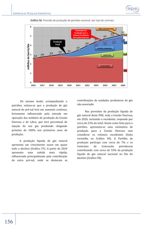 EMPRESA DE PESQUISA ENERGÉTICA
156
Gráfico 56. Previsão de produção de petróleo nacional por tipo de contrato
Do mesmo modo, acompanhando o
petróleo, estima-se que a produção de gás
natural do pré-sal terá um aumento contínuo,
fortemente influenciado pela entrada em
operação dos módulos de produção da Cessão
Onerosa e de Libra, que terá percentual de
injeção do seu gás produzido chegando
próximo de 100% nos primeiros anos de
produção.
A produção líquida de gás natural
apresenta um crescimento suave em quase
todo o decênio (Gráfico 57). A partir de 2024
apresenta uma subida mais rápida,
influenciada principalmente pela contribuição
do extra pré-sal, onde se destacam as
contribuições de unidades produtoras de gás
não associado.
Nas previsões da produção líquida de
gás natural deste PDE, toda a Cessão Onerosa,
em 2026, incluindo o excedente, responde por
cerca de 23% do total. Assim como feito para o
petróleo, apresenta-se uma estimativa de
produção para a Cessão Onerosa sem
considerar os volumes excedentes (linha
vermelha no Gráfico 58). A Partilha de
produção participa com cerca de 7% e os
Contratos de Concessão prevalecem
contribuindo com cerca de 53% da produção
líquida de gás natural nacional no fim do
decênio (Gráfico 58).
 