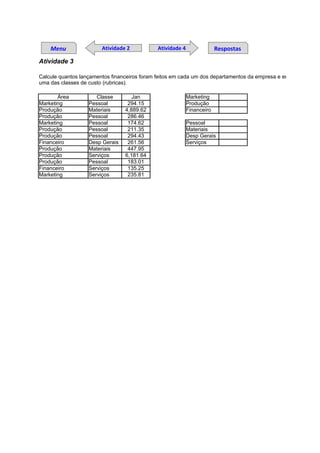 Menu                Atividade 2          Atividade 4                Respostas
Atividade 3

Calcule quantos lançamentos financeiros foram feitos em cada um dos departamentos da empresa e em cada
uma das classes de custo (rubricas).

       Área           Classe        Jan                    Marketing
Marketing          Pessoal        294.15                   Produção
Produção           Materiais     4,889.62                  Financeiro
Produção           Pessoal        286.46
Marketing          Pessoal        174.62                   Pessoal
Produção           Pessoal        211.35                   Materiais
Produção           Pessoal        294.43                   Desp Gerais
Financeiro         Desp Gerais    261.56                   Serviços
Produção           Materiais      447.95
Produção           Serviços      6,181.64
Produção           Pessoal        183.01
Financeiro         Serviços       135.25
Marketing          Serviços       235.81
 
