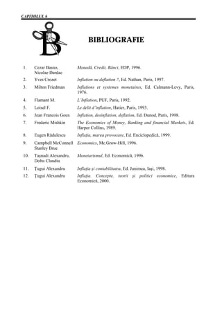 CAPITOLUL 6




                                 BIBLIOGRAFIE


1.    Cezar Basno,         Monedă, Credit, Bănci, EDP, 1996.
      Nicolae Dardac
2.    Yves Crozet          Inflation ou déflation ?, Ed. Nathan, Paris, 1997.
3.    Milton Friedman      Inflations et systemes monetaires, Ed. Calmann-Levy, Paris,
                           1976.
4.    Flamant M.           L’Inflation, PUF, Paris, 1992.
5.    Loisel F.            Le delit d’inflation, Hatier, Paris, 1993.
6.    Jean Francois Goux   Inflation, desinflation, deflation, Ed. Dunod, Paris, 1998.
7.    Frederic Mishkin     The Economics of Money, Banking and financial Markets, Ed.
                           Harper Collins, 1989.
8.    Eugen Rădulescu      Inflaţia, marea provocare, Ed. Enciclopedică, 1999.
9.    Campbell McConnell Economics, Mc.Grow-Hill, 1996.
      Stanley Brue
10.   Taşnadi Alexandru,   Monetarismul, Ed. Economică, 1996.
      Doltu Claudiu
11.   Ţugui Alexandru      Inflaţia şi contabilitatea, Ed. Junimea, Iaşi, 1998.
12.   Ţugui Alexandru      Inflaţia. Concepte, teorii şi politici economice, Editura
                           Economică, 2000.
 