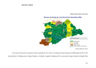 213
SERVIÇO DE COLETA DE LIXO.
FONTE:EMPLASA, 2003.
O serviço de Coleta de Lixo atende em Franco da Rocha de 71% à 90 %. Já a Rede de Coleta de Esgoto em 2000 atendia de 50% à 70%
dos domicílios. E a Relação entre o Esgoto Tratado e o Coletado, é segundo a Emplasa de 0%, ou seja todo o Esgoto Coletado na Região Norte
REGIÃO NORTE
 
