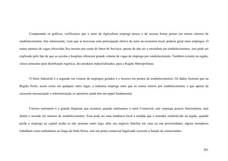 201
Comparando os gráficos, verificamos que o setor da Agricultura emprega pouco e da mesma forma possui um menor número de
estabelecimentos, fato interessante, visto que se houvesse uma participação efetiva do setor na economia local, poderia gerar mais empregos. O
maior número de vagas oferecidas fica mesmo por conta do Setor de Serviços, apesar de não ser o recordista em estabelecimentos, isso pode ser
explicado pelo fato de que as escolas e hospitais oferecem grande volume de vagas de emprego por estabelecimento. Também existem na região,
vários armazéns para distribuição logística, dos produtos industrializados, para a Região Metropolitana.
O Setor Industrial é o segundo em volume de empregos gerados e o terceiro em pontos de estabelecimentos. Os dados ilustram que na
Região Norte, assim como em qualquer outro lugar, a industria emprega mais que os outros setores por estabelecimento, e que apesar da
crescente mecanização e informatização os operários ainda têm um papel fundamental.
Curioso entretanto é o grande disparate que acontece quando analisamos o setor Comercial, este emprega poucos funcionários, mas
detém o recorde em número de estabelecimentos. Essa pode ser uma tendência local a medida que o morador estabelecido na região, quando
perde o emprego na capital acaba se não arrumar outro logo, abre seu negócio familiar em casa ou nas proximidades, alguns moradores
trabalham como ambulantes ao longo da linha férrea, sem um ponto comercial legalizado exercem a função de comerciantes.
 