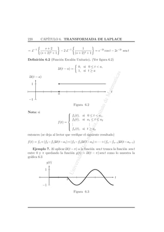 212 CAP´I 
TULO 6. TRANSFORMADA DE LAPLACE 
Universidad de Antioquia, Instituto de Matematicas 
= 
Z T 
0 
e−st|f(t)|dt 
| {z } 
I1 
+ 
Z 
∞ 
T 
e−st|f(t)|dt 
| {z } 
I2 
I1 = 
Z T 
0 
e−st|f(t)|dt existe, ya que f es continua a tramos 
I2 = 
Z 
∞ 
T 
e−st ||f{(zt)}| 
≤ Mect 
dt ≤ 
Z 
∞ 
T 
e−stMectdt = M 
Z 
∞ 
T 
e(−s+c)t dt 
= 
M 
−(s − c) 
e−(s−c)t 
 
