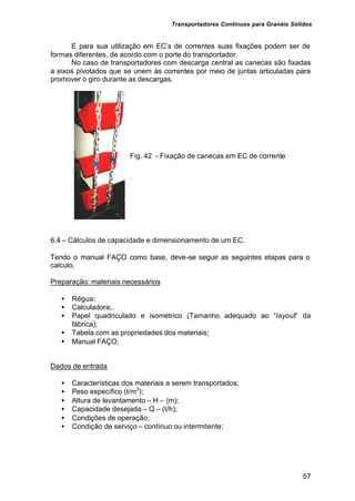 Transportadores Contínuos para Granéis Sólidos
57
E para sua utilização em EC’s de correntes suas fixações podem ser de
formas diferentes, de acordo com o porte do transportador.
No caso de transportadores com descarga central as canecas são fixadas
a eixos pivotados que se unem às correntes por meio de juntas articuladas para
promover o giro durante as descargas.
Fig. 42 - Fixação de canecas em EC de corrente
6.4 – Cálculos de capacidade e dimensionamento de um EC.
Tendo o manual FAÇO como base, deve-se seguir as seguintes etapas para o
calculo.
Preparação: materiais necessários
• Régua;
• Calculadora;.
• Papel quadriculado e isométrico (Tamanho adequado ao “layout” da
fábrica);
• Tabela com as propriedades dos materiais;
• Manual FAÇO;
Dados de entrada
• Características dos materiais a serem transportados;
• Peso específico (t/m3
);
• Altura de levantamento – H – (m);
• Capacidade desejada – Q – (t/h);
• Condições de operação;
• Condição de serviço – contínuo ou intermitente;
 