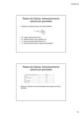 14-Feb-13 
12 
Roteiro de Cálculo: dimensionamento 
adutora por gravidade 
• Calcula-se o diâmetro teórico por Hazen-Williams: 
1,85 
. 
Q 
1,85 4,87 
10,65. 
C D 
Ji = 
• Q = vazão máxima diária (m3/s) 
• D = diâmetro teórico a ser calculado (m) 
• Ji = perda de carga unitária ideal (m/m) 
• C = admensional (função do material da tubulação) 
Roteiro de Cálculo: dimensionamento 
adutora por gravidade 
Material da Tubulação (tubos novos) Valor de C 
Plástico 140 
Ferro fundido ductil 130 
Aço 130 
Concreto armado 130 
Fibra de vidro 140 
• Adota-se o Diâmetro comercial imediatamente superior ao teórico 
calculado 
 