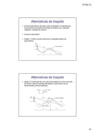 14-Feb-13 
15 
Alternativas de traçado 
• A linha piezométrica não deve cortar a tubulação  prejudicial ao 
funcionamento da adutora (formação de bolsas de ar, pressões 
negativas, variação de volume) 
• O que se deve fazer? 
• Opção 1: Cortar o terreno para locar a tubulação abaixo da 
piezométrica 
L 
D 
Corte no terreno 
LP 
NA 
Alternativas de traçado 
• Opção 2: Construção de uma caixa intermediária no ponto mais alto 
do terreno, aberta à pressão atmosférica. Cada trecho vai ser 
dimensionado como já explicado. 
NA h ³ 2,5 D2 
D2 
NA 
NA 
Caixa intermediária 
LP, J2 
LP, J1 
A 
D1 
Corte no terreno 
L1 L2 
 