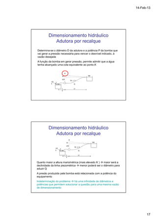 14-Feb-13 
17 
Dimensionamento hidráulico 
Adutora por recalque 
Determina-se o diâmetro D da adutora e a potência P da bomba que 
vai gerar a pressão necessária para vencer o desnível indicado, à 
vazão desejada 
A função da bomba em gerar pressão, permite admitir que a água 
tenha alcançado uma cota equivalente ao ponto A’ 
hf 
A’ 
L Lr 
s 
NA 
NA Q 
DG 
s 
Dr, J, V 
DGr 
Dimensionamento hidráulico 
Adutora por recalque 
hf 
A’ 
L Lr 
s 
NA 
NA Q 
DG 
s 
Dr, J, V 
DGr 
Quanto maior a altura manométrica (mais elevado A’ )  maior será a 
declividade da linha piezométrica  menor poderá ser o diâmetro para 
aduzir Q 
A presão produzida pela bomba está relacionada com a potência do 
equipamento 
Indeterminação do problema  há uma infinidade de diâmetros e 
potências que permitem solucionar a questão para uma mesma vazão 
de dimensionamento 
 