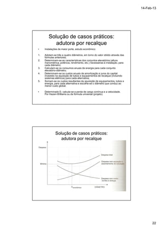 14-Feb-13 
22 
Solução de casos práticos: 
adutora por recalque 
• Instalações de maior porte, estudo econômico: 
1. Adotam-se três a quatro diâmetros, em torno do valor obtido através das 
fórmulas anteriores; 
2. Determinam-se as características dos conjuntos elevatórios (altura 
manométrica, potência, rendimento, etc.) necessárias à instalação, para 
cada diâmetro; 
3. Calculam-se os consumos anuais de energia para cada conjunto 
elevatório-diâmetro; 
4. Determinam-se os custos anuais de amortização e juros do capital 
investido na aquisição de tubos e equipamentos de recalque (incluindo 
sistemas elétricos) para cada alternativa; 
5. Somam-se os custos resultantes da aquisição de equipamentos, tubos e 
energia, para cada alternativa e escolhe-se o diâmetro que conduz ao 
menor custo global. 
• Determinado D, calcula-se a perda de carga contínua e a velocidade. 
Por Hazen-Williams ou da fórmula universal (projeto) 
Solução de casos práticos: 
adutora por recalque 
 