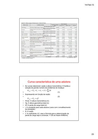 14-Feb-13 
23 
Curva característica de uma adutora 
• As curvas relacionam vazão e altura manométrica  facilita a 
solução de grande número de problemas de recalque 
= + ® = . 
+ΣD 
H H h h J L h 
man g f f 
• (1) 
• Expressando em função da vazão: 
• (2) 
n 
. 
= + 
H H r Q 
man g 
• Hman  altura manométrica (m) 
• Hg  altura geométrica total (m) 
• Hf  perda de carga total (m) 
• r  constante para cada adutora (varia com o envelhecimento 
da tubulação) 
• Q  vazão 
• n  coeficiente (=2, caso a fórmula para a determinação da 
perda de carga seja a universal, =1,85 se Hazen-Williams) 
 