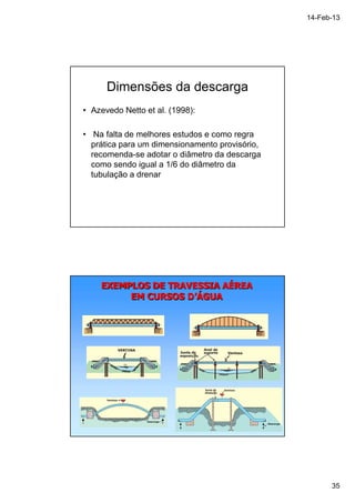 14-Feb-13 
35 
Dimensões da descarga 
• Azevedo Netto et al. (1998): 
• Na falta de melhores estudos e como regra 
prática para um dimensionamento provisório, 
recomenda-se adotar o diâmetro da descarga 
como sendo igual a 1/6 do diâmetro da 
tubulação a drenar 
 