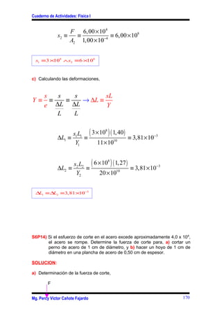Cuaderno de Actividades: Física I


                   F 6,00 × 104
              s2 ≡   ≡          −4
                                   ≡ 6,00 × 108
                   A2 1,00 × 10


  s1 ≡3 ×108 ∧s2 ≡ 6 ×108



c) Calculando las deformaciones,


      s   s   s        sL
Y≡      ≡   ≡   → ∆L ≡
      e ∆L ∆L          Y
          L   L


                    s1L1 ( 3 × 10 ) ( 1, 40 )
                                 8

              ∆L1 ≡     ≡                     ≡ 3,81 × 10−3
                     Y1      11 × 10  10




                    s2 L2 ( 6 × 10 ) ( 1, 27 )
                                  8

              ∆L2 ≡      ≡                     ≡ 3,81 × 10−3
                     Y2       20 × 10   10




  ∆ 1 ≡∆ 2 ≡ 3,81 ×10−3
   L    L




S6P14) Si el esfuerzo de corte en el acero excede aproximadamente 4,0 x 10 8,
       el acero se rompe. Determine la fuerza de corte para, a) cortar un
       perno de acero de 1 cm de diámetro, y b) hacer un hoyo de 1 cm de
       diámetro en una plancha de acero de 0,50 cm de espesor.

SOLUCION:

a) Determinación de la fuerza de corte,

         F


Mg. Percy Víctor Cañote Fajardo                                          170
 