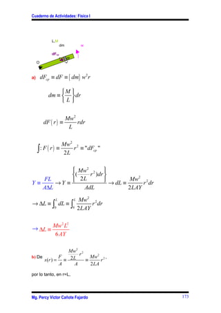 Cuaderno de Actividades: Física I




              L,M
                     dm             w

              dFcp
                     r    dr
     O



a)       dFcp ≡ dF ≡ { dm} w2 r

                 M 
            dm ≡   dr
                 L


                     Mw2
          dF ( r ) ≡     rdr
                      L

                  Mw2 2
     ∫ : F ( r ) ≡ 2L r ≡ " dFcp "

             Mw2 2 
            (    r )dr             2
   FL         2L        → dL ≡ Mw r 2 dr
Y≡     →Y ≡
   A∆L          AdL              2 LAY
                L              L    Mw2 2
→ ∆L ≡ ∫ dL ≡ ∫                          r dr
               0               0   2 LAY

          2 2
→ ∆L ≡ Mw L
       6 AY

                 Mw2 2
                     r
b) De         F  2L      Mw2 2 ,
      s (r ) = ≡       ≡      r
              A    A     2 LA

por lo tanto, en r=L,




Mg. Percy Víctor Cañote Fajardo                 173
 