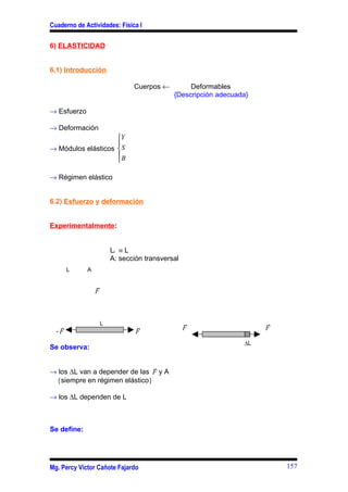 Cuaderno de Actividades: Física I

6) ELASTICIDAD


6,1) Introducción

                                Cuerpos ←         Deformables
                                             {Descripción adecuada}

→ Esfuerzo

→ Deformación
                    Y
                    
→ Módulos elásticos  S
                    B
                    

→ Régimen elástico


6.2) Esfuerzo y deformación


Experimentalmente:


                         Li ≡ L
                         A: sección transversal
       L     A

                 
                 F



                     L                                               
                                                F                   F
  -F                             F
                                                                 ∆L
Se observa:

                               
→ los ∆L van a depender de las F y A
 {siempre en régimen elástico}

→ los ∆L dependen de L



Se define:




Mg. Percy Víctor Cañote Fajardo                                           157
 