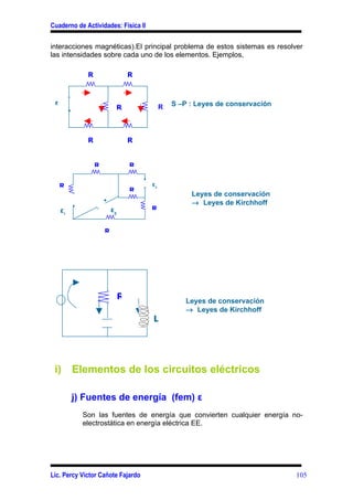Cuaderno de Actividades: Física II

interacciones magnéticas).El principal problema de estos sistemas es resolver
las intensidades sobre cada uno de los elementos. Ejemplos,

                R                    R



 ε                                                S –P : Leyes de conservación
                                 R            R
                                              3




                R                    R


                    R                R


     R                                   ε2
                                     R
                                                       Leyes de conservación
                                                       → Leyes de Kirchhoff
     ε                      ε3           R
         1




                        R




                                 R                    Leyes de conservación
                                                      → Leyes de Kirchhoff
                                         L




 i)          Elementos de los circuitos eléctricos

             j) Fuentes de energía (fem) ε
               Son las fuentes de energía que convierten cualquier energía no-
               electrostática en energía eléctrica EE.




Lic. Percy Víctor Cañote Fajardo                                                 105
 