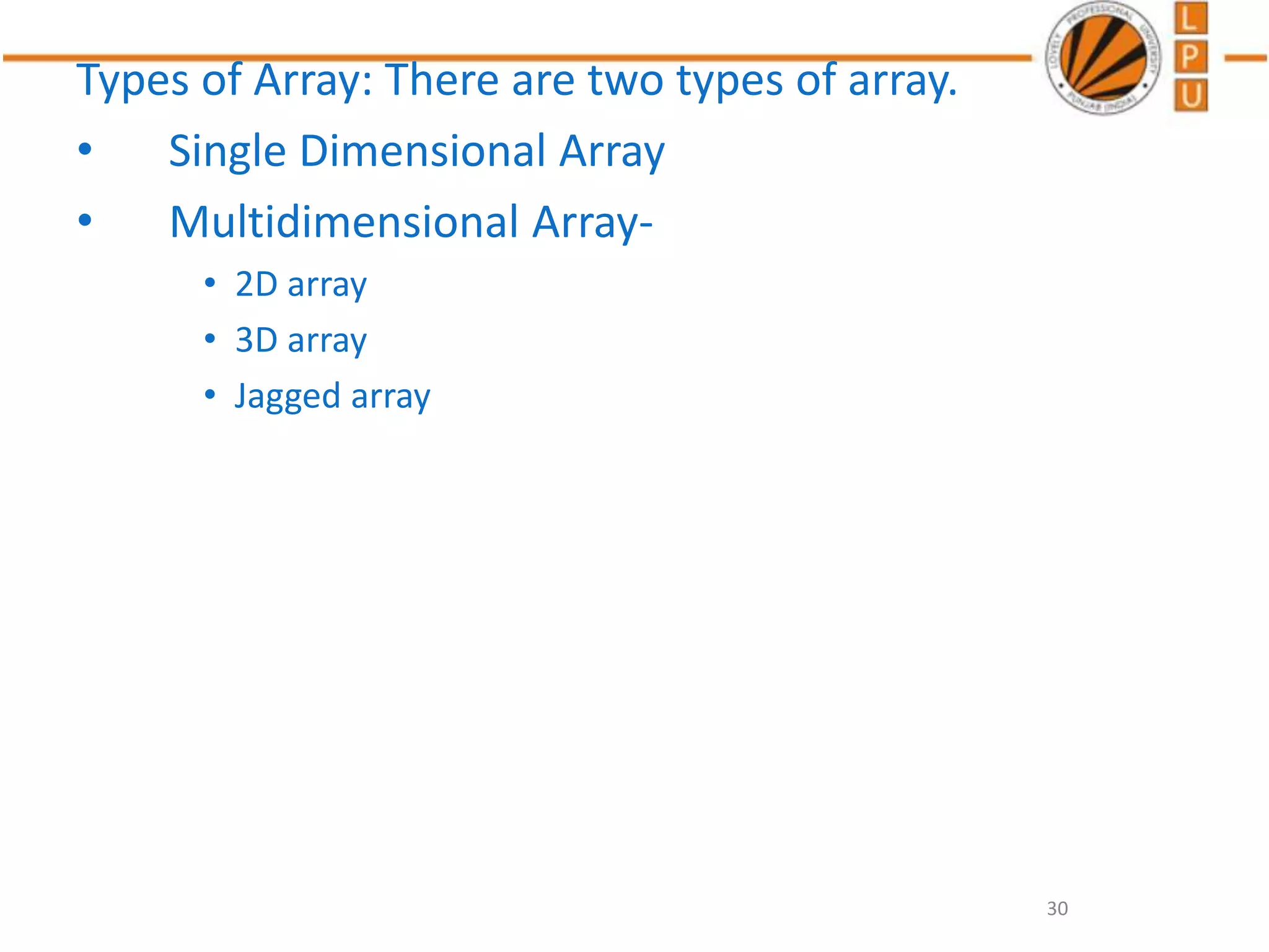 Types of Array: There are two types of array.
• Single Dimensional Array
• Multidimensional Array-
• 2D array
• 3D array
• Jagged array
30
 