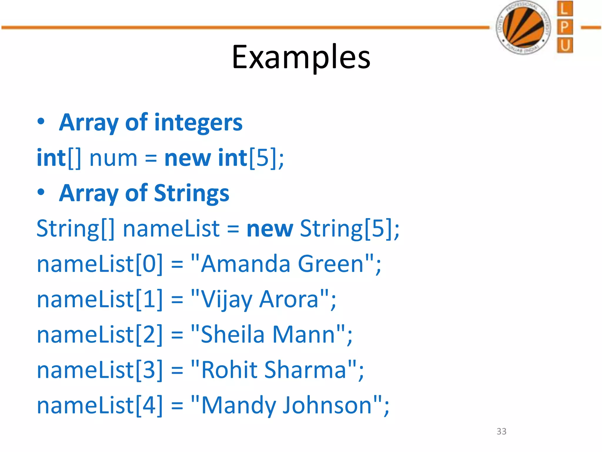 Examples
• Array of integers
int[] num = new int[5];
• Array of Strings
String[] nameList = new String[5];
nameList[0] = "Amanda Green";
nameList[1] = "Vijay Arora";
nameList[2] = "Sheila Mann";
nameList[3] = "Rohit Sharma";
nameList[4] = "Mandy Johnson";
33
 