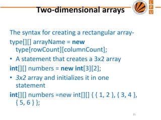 Two-dimensional arrays
The syntax for creating a rectangular array-
type[][] arrayName = new
type[rowCount][columnCount];
• A statement that creates a 3x2 array
int[][] numbers = new int[3][2];
• 3x2 array and initializes it in one
statement
int[][] numbers =new int[][] { { 1, 2 }, { 3, 4 },
{ 5, 6 } };
35
 