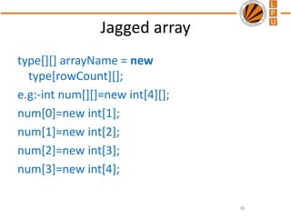 Jagged array
type[][] arrayName = new
type[rowCount][];
e.g:-int num[][]=new int[4][];
num[0]=new int[1];
num[1]=new int[2];
num[2]=new int[3];
num[3]=new int[4];
36
 