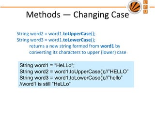 Methods — Changing Case
String word2 = word1.toUpperCase();
String word3 = word1.toLowerCase();
returns a new string formed from word1 by
converting its characters to upper (lower) case
String word1 = “HeLLo“;
String word2 = word1.toUpperCase();//”HELLO”
String word3 = word1.toLowerCase();//”hello”
//word1 is still “HeLLo“
 