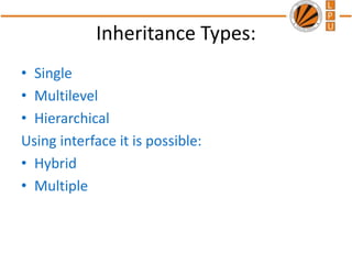 Inheritance Types:
• Single
• Multilevel
• Hierarchical
Using interface it is possible:
• Hybrid
• Multiple
 