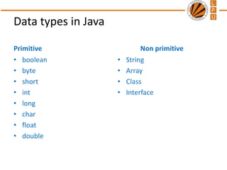 Data types in Java
Primitive
• boolean
• byte
• short
• int
• long
• char
• float
• double
Non primitive
• String
• Array
• Class
• Interface
 