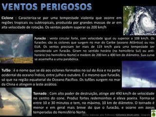 Oficina elaborada pela Professora FERNANDA BRUM LOPES - Geografia
Ciclone : Caracteriza-se por uma tempestade violenta que ocorre em
regiões tropicais ou subtropicais, produzida por grandes massas de ar em
alta velocidade de rotação. Os ventos podem superar os 200 km/h
Furacão : vento circular forte, com velocidade igual ou superior a 108 km/h. Os
furacões são os ciclones que surgem no mar do Caribe (oceano Atlântico) ou nos
EUA. Os ventos precisam ter mais de 119 km/h para uma tempestade ser
considerada um furacão. Giram no sentido horário (no hemisfério Sul) ou anti-
horário (no hemisfério Norte) e medem de 200 km a 400 km de diâmetro. Sua curva
se assemelha a uma parabólica.
Tufão : é o nome que se dá aos ciclones formados no sul da Ásia e na parte
ocidental do oceano Índico, entre julho e outubro. É o mesmo que furacão,
só que na região equatorial do Oceano Pacífico. Os tufões surgem no mar
da China e atingem o leste asiático.
Tornado : Com alto poder de destruição, atinge até 490 km/h de velocidade
no centro do cone. Produz fortes redemoinhos e eleva poeira. Forma-se
entre 10 e 30 minutos e tem, no máximo, 10 km de diâmetro. O tornado é
menor e em geral mais breve do que o furacão, e ocorre em zonas
temperadas do Hemisfério Norte.
 