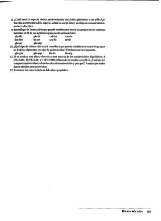 g. ;Cuál será la especie iónica predominante del ácido glutámicoa un pH=3,0?
Escribalaestructuradelaespecie,seiialesucarga netay predigasucomportamien-
toelectroforético.
9. Identifiquela interacción que puedeestablecerseentre losgmpos en lascadenas
lateralesen R delassiguientesparejas deaminoácidos:
ala-ile glu-tir val-leu cis-cis
fen-fen lis-ser asp-lis tir-tk
@u-ser @u-=¡?
10.iQuétipodeinteracciónusted consideraquepueda establecerseentrelosgmpos
en Rdelassiguientesparejas.deaminoácidos?Fundamentesurespuesta.
glu-glu glu-asp lis-lis lis-arg
11.Si se realiza una electroforesis a una mezcla de los aminoácidos hipotéticos A
(PI=3,00), B (PI=6,00)y C (PI=9,00)utilizandoun mediocon pH=6¿Cuálserá el
comportamientoeleetroforéticodecadaaminoácidoy por qué?Asumaquetodos
tienensimilarpeso molecular.
12.Enumerelascaracterísticasdelenlacepeptídico.
 