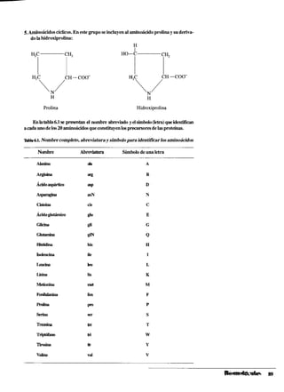 5.Aminoácidos cíclicos.En estegruposeincluyenalaminoácidoprolina y suderiva-
dola hidroxiprolina:
H
I
"1
CH, HO-C
H2CHN/cH-cOO- NHiH-cOi";
Prolina Hidroxiprolina
Enlatabla6.1 se presentan el nombre abreviado y elsímboloíJeúa)queideníiñcan
a cadaunodelos20aminoácidosqueconstituyenlosprecursoresdelasproteínas.
Rbln6.1. Nombrecompleto, abreviaturaysímbolopara identificarlos aminoácidos
Nombre Abreviatura
Alanina a$
Símbolodeuna letra
 