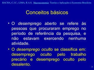 O  desemprego aberto  se refere às pessoas que procuraram emprego no período de referência da pesquisa, e não estavam exercendo nenhuma atividade.  O  desemprego oculto  se classifica em: desemprego oculto pelo trabalho precário e desemprego oculto pelo desalento. Conceitos básicos 