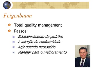 Feigenbaum
Total quality management
Passos:
Estabelecimento de padrões
Avaliação da conformidade
Agir quando necessário
Planejar para o melhoramento
 