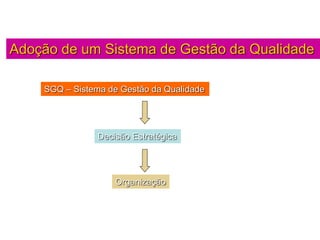 Adoção de um Sistema de Gestão da Qualidade
SGQ – Sistema de Gestão da Qualidade
Decisão Estratégica
Organização
 