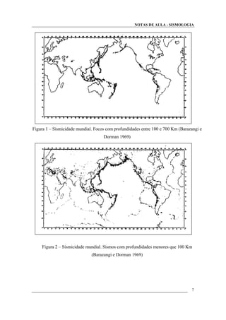 NOTAS DE AULA - SISMOLOGIA
Figura 1 – Sismicidade mundial. Focos com profundidades entre 100 e 700 Km (Barazangi e
Dorman 1969)
Figura 2 – Sismicidade mundial. Sismos com profundidades menores que 100 Km
(Barazangi e Dorman 1969)
7
 