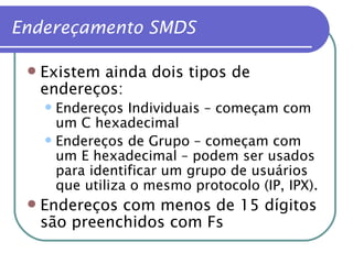 Endereçamento SMDS Existem ainda dois tipos de endereços: Endereços Individuais – começam com um C hexadecimal Endereços de Grupo – começam com um E hexadecimal – podem ser usados para identificar um grupo de usuários que utiliza o mesmo protocolo (IP, IPX). Endereços com menos de 15 dígitos são preenchidos com Fs 