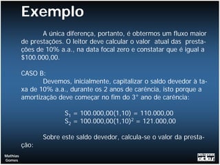Exemplo
                 A única diferença, portanto, é obtermos um fluxo maior
          de prestações. O leitor deve calcular o valor atual das presta-
          ções de 10% a.a., na data focal zero e constatar que é igual a
          $100.000,00.

          CASO B:
                 Devemos, inicialmente, capitalizar o saldo devedor à ta-
          xa de 10% a.a., durante os 2 anos de carência, isto porque a
          amortização deve começar no fim do 3° ano de carência:

                        S1 = 100.000,00(1,10) = 110.000,00
                        S2 = 100.000,00(1,10)2 = 121.000,00

                 Sobre este saldo devedor, calcula-se o valor da presta-
          ção:
Mathias
Gomes
 