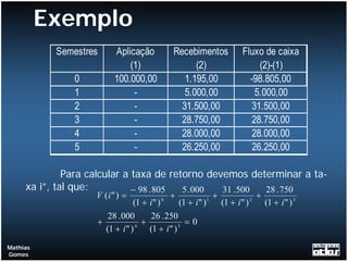 Exemplo
           Semestres     Aplicação          Recebimentos           Fluxo de caixa
                             (1)                  (2)                   (2)-(1)
               0         100.000,00            1.195,00              -98.805,00
               1              -                5.000,00                5.000,00
               2              -               31.500,00               31.500,00
               3              -               28.750,00               28.750,00
               4              -               28.000,00               28.000,00
               5              -               26.250,00               26.250,00

              Para calcular a taxa de retorno devemos determinar a ta-
     xa i”, tal que:          − 98 . 805 5 . 000 31 . 500 28 . 750
                    V ( i" ) =               +             +            +
                                (1 + i " ) 0   (1 + i " ) 1 (1 + i " ) 2 (1 + i " ) 3
                       28 . 000       26 . 250
                    +             +              =0
                      (1 + i " ) 4 (1 + i " ) 5
Mathias
Gomes
 