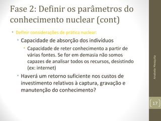 Fase 2: Definir os parâmetros do
conhecimento nuclear (cont)
• Definir considerações de prática nuclear:
• Capacidade de absorção dos indivíduos
• Capacidade de reter conhecimento a partir de
várias fontes. Se for em demasia não somos
capazes de analisar todos os recursos, desistindo
(ex: internet)
• Haverá um retorno suficiente nos custos de
investimento relativos à captura, gravação e
manutenção do conhecimento?
AnabelaMesquita
17
 