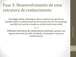 Fase 3: Desenvolvimento de uma
estrutura de conhecimento
Estratégia ad hoc (abordagem aberta e flexível que permite ao
utilizador definir o conhecimento da forma como ele o vê. Personalizado,
mas difícil de localizar e aceder ao conhecimento mais tarde)
versus
Definição sistemática de conhecimento (definição e gestão mais
rigorosa das fontes do CMS, facilitando a localização e acesso ao
conhecimento)
AnabelaMesquita
23
 