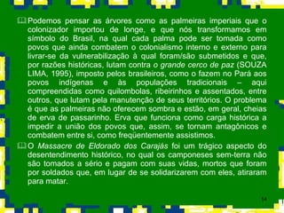 Podemos pensar as árvores como as palmeiras imperiais que o colonizador importou de longe, e que nós transformamos em símbolo do Brasil, na qual cada palma pode ser tomada como povos que ainda combatem o colonialismo interno e externo para livrar-se da vulnerabilização à qual foram/são submetidos e que, por razões históricas, lutam contra  o grande cerco de paz  (SOUZA LIMA, 1995), imposto pelos brasileiros, como o fazem no Pará aos povos indígenas e às populações tradicionais – aqui compreendidas como quilombolas, ribeirinhos e assentados, entre outros, que lutam pela manutenção de seus territórios. O problema é que as palmeiras não oferecem sombra e estão, em geral, cheias de erva de passarinho. Erva que funciona como carga histórica a impedir a união dos povos que, assim, se tornam antagônicos e combatem entre si, como freqüentemente assistimos.  O  Massacre de Eldorado dos Carajás  foi um trágico aspecto do desentendimento histórico, no qual os camponeses sem-terra não são tomados a sério e pagam com suas vidas, mortos que foram por soldados que, em lugar de se solidarizarem com eles, atiraram para matar.  