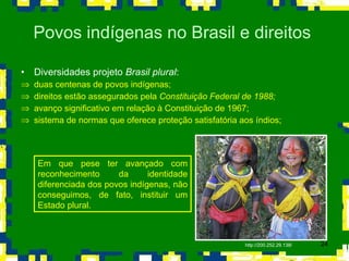 Diversidades projeto  Brasil plural : duas centenas de povos indígenas; direitos estão assegurados pela  Constituição Federal de 1988; avanço significativo em relação à Constituição de 1967; sistema de normas que oferece proteção satisfatória aos índios; Povos indígenas no Brasil e direitos  Em que pese ter avançado com reconhecimento da identidade diferenciada dos povos indígenas, não conseguimos, de fato, instituir um Estado plural. http://200.252.29.138/ 