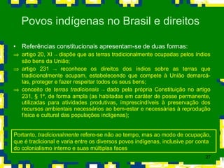 Referências constitucionais apresentam-se de duas formas:  artigo 20, XI  ->  dispõe que as terras tradicionalmente ocupadas pelos índios são bens da União; artigo 231  ->  reconhece os direitos dos índios sobre as terras que tradicionalmente ocupam, estabelecendo que compete à União demarcá-las, proteger e fazer respeitar todos os seus bens; conceito de  terras tradicionais   ->  dado pela própria Constituição no artigo 231, § 1º, de forma ampla (as habitadas em caráter de posse permanente, utilizadas para atividades produtivas, imprescindíveis à preservação dos recursos ambientais necessários ao bem-estar e necessárias à reprodução física e cultural das populações indígenas); Povos indígenas no Brasil e direitos  Portanto,  tradicionalmente  refere-se não ao tempo, mas ao modo de ocupação, que é tradicional e varia entre os diversos povos indígenas, inclusive por conta do colonialismo interno e suas múltiplas faces 
