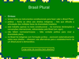 Síntese: temos todos os instrumentos constitucionais para fazer valer o  Brasil Plural; prática  ->  fecha os olhos aos direitos indígenas  ->  fato que dificulta a articulação das múltiplas faces da diversidade brasileira; este trabalho apenas no texto constitucional  ->  há inúmeras declarações e convenções internacionais, referendadas pelo Brasil (em vigor); não faltam normas/princípios  ->  falta vontade política para viver a diversidade plena; no Brasil há indígenas com formação jurídica  ->  escrevem sistematicamente sobre seus direitos  ->  oferecem vias alternativas para o estabelecimento de um  Brasil plural  e democrático; Brasil Plural  urge estar de ouvidos bem abertos 