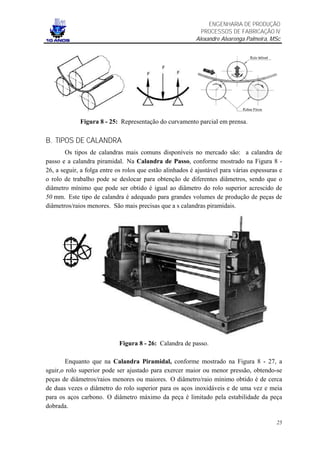 ENGENHARIA DE PRODUÇÃO
                                                             PROCESSOS DE FABRICAÇÃO IV
                                                           Alexandre Alvarenga Palmeira, MSc




             Figura 8 - 25: Representação do curvamento parcial em prensa.

B. TIPOS DE CALANDRA
        Os tipos de calandras mais comuns disponíveis no mercado são: a calandra de
passo e a calandra piramidal. Na Calandra de Passo, conforme mostrado na Figura 8 -
26, a seguir, a folga entre os rolos que estão alinhados é ajustável para várias espessuras e
o rolo de trabalho pode se deslocar para obtenção de diferentes diâmetros, sendo que o
diâmetro mínimo que pode ser obtido é igual ao diâmetro do rolo superior acrescido de
50 mm. Este tipo de calandra é adequado para grandes volumes de produção de peças de
diâmetros/raios menores. São mais precisas que a s calandras piramidais.




                            Figura 8 - 26: Calandra de passo.

        Enquanto que na Calandra Piramidal, conforme mostrado na Figura 8 - 27, a
sguir,o rolo superior pode ser ajustado para exercer maior ou menor pressão, obtendo-se
peças de diâmetros/raios menores ou maiores. O diâmetro/raio mínimo obtido é de cerca
de duas vezes o diâmetro do rolo superior para os aços inoxidáveis e de uma vez e meia
para os aços carbono. O diâmetro máximo da peça é limitado pela estabilidade da peça
dobrada.

                                                                                          25
 