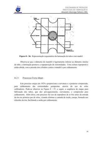 ENGENHARIA DE PRODUÇÃO
                                                            PROCESSOS DE FABRICAÇÃO IV
                                                          Alexandre Alvarenga Palmeira, MSc




          Figura 8 - 36: Representação esquemática da laminação de tubos com madril.

       Observa-se que o diâmetro do mandril é ligeiramente inferior ao diâmetro interno
do tubo, a laminação promove a superposição de extremidades. Uma costura superposta é
então obtida, com a pressão dos cilindros contra o mandril e por caldeamento.




III.2.1      Processo Fretz-Moon

        Este processo surgiu em 1920 e proporciona a curvatura e a posterior compressão,
para caldeamento das extremidades justapostas, através do uso de rolos
calibradores. Pode-se observar na Figura 8 - 37, a seguir, a seqüência de etapas para
fabricação dos tubos, que são: pré-aquecimento, curvamento, e compressão para
caldeamento. Além disso, este processo faz uso de sopradores de ar frio antes da entrada
da tira no primeiro par de rolos, visando eliminar a camada de óxido, carepa, formada nos
rebordos da tira, facilitando a união por caldeamento.




                                                                                         30
 