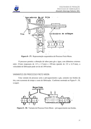 ENGENHARIA DE PRODUÇÃO
                                                        PROCESSOS DE FABRICAÇÃO IV
                                                      Alexandre Alvarenga Palmeira, MSc




          Figura 8 - 37: Representação esquemática do Processo Fretz-Moon.

       O processo permite a obtenção de tubos para gás e água, com diâmetros externos
entre 10 mm (espessura de 2,0 a 2,5 mm) e 100 mm (parede de 5,0 a 6,25 mm), a
velocidade de fabricação pode ser de até 300 m/min.



VARIANTES DO PROCESSO FRETZ-MOON
        Uma variante do processo seria o pré-aquecimento a gás, somente nos bordos da
tira, com economia de tempo e custo de fabricação. Conforme mostrado na Figura 8 - 38,
a seguir.




     Figura 8 - 38: Variante do Processo Fretz-Moon – pré-aquecimento nas bordas.




                                                                                     31
 